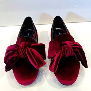 Zara ruby red velvet loafers.